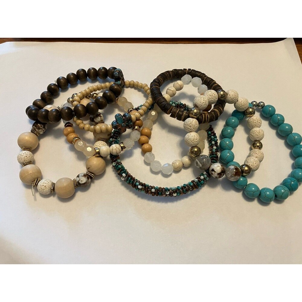 Boho Beaded Stretch Bracelet Lot Wood Glass Stone Lava Earthy Tones Layering